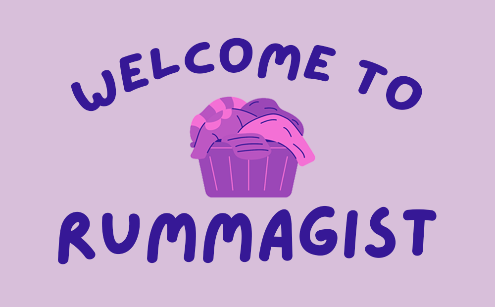 "Welcome to Rummagist", with a pink/purple clipart of a shopping basket full of clothes.