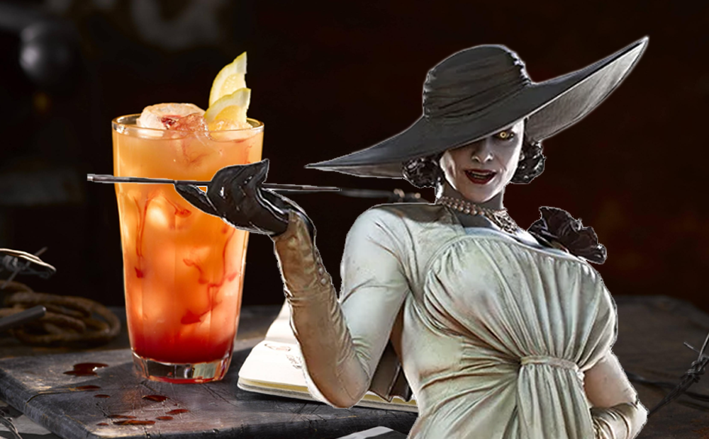 Illustration of a scary woman in old-fashioned evening gown, and a blood orange cocktail.