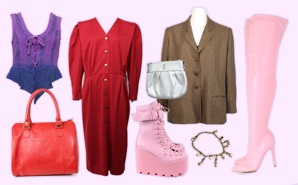A clothing collage. A red leather handbag, red 80s dress, two pairs of pink heels, a purple hippie vest, a silver clutch bag, dowdy brown blazer and gold charm bracelet.