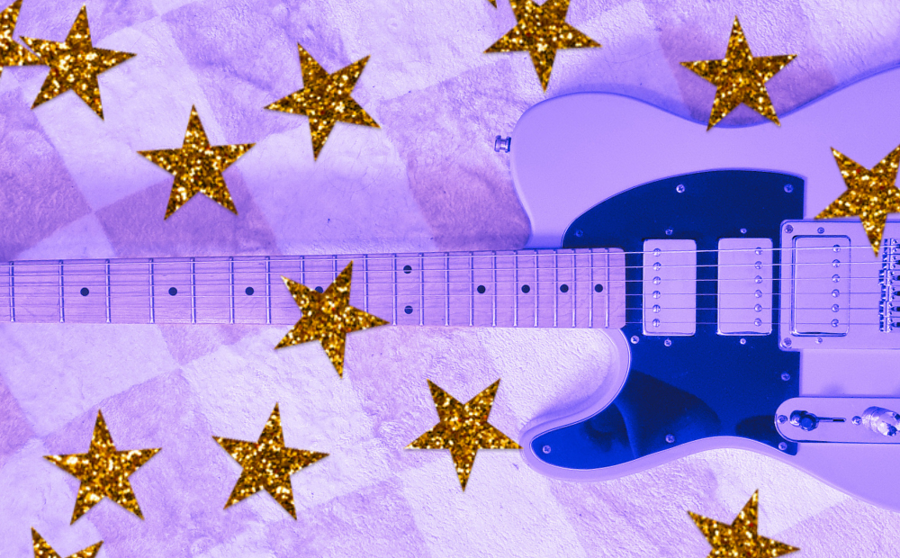 Gold sticker stars overlaid on a purple photo of a guitar.