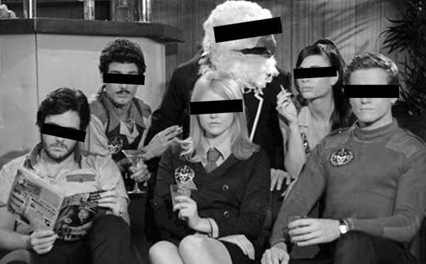 The cast of Danger 5 with censor bars over their eyes, including their bird-headed captain.