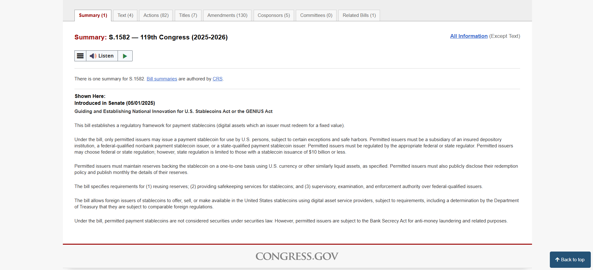 Guiding and Establishing National Innovation for U.S. Stablecoins Act (GENIUS Act)