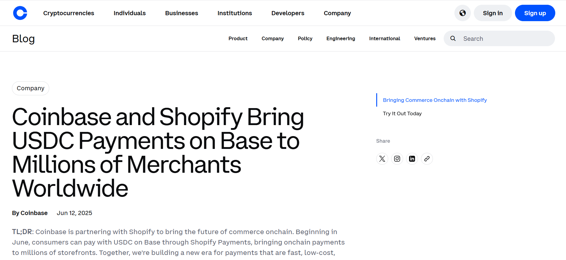 Shopify and Coinbase Stablecoin Payments