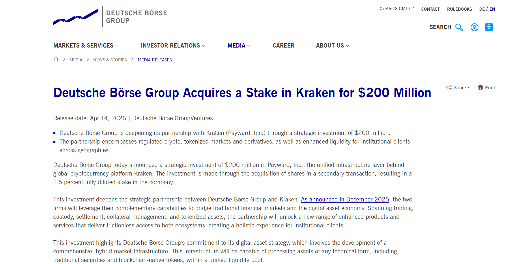 Deutsche Börse and Kraken Partnership