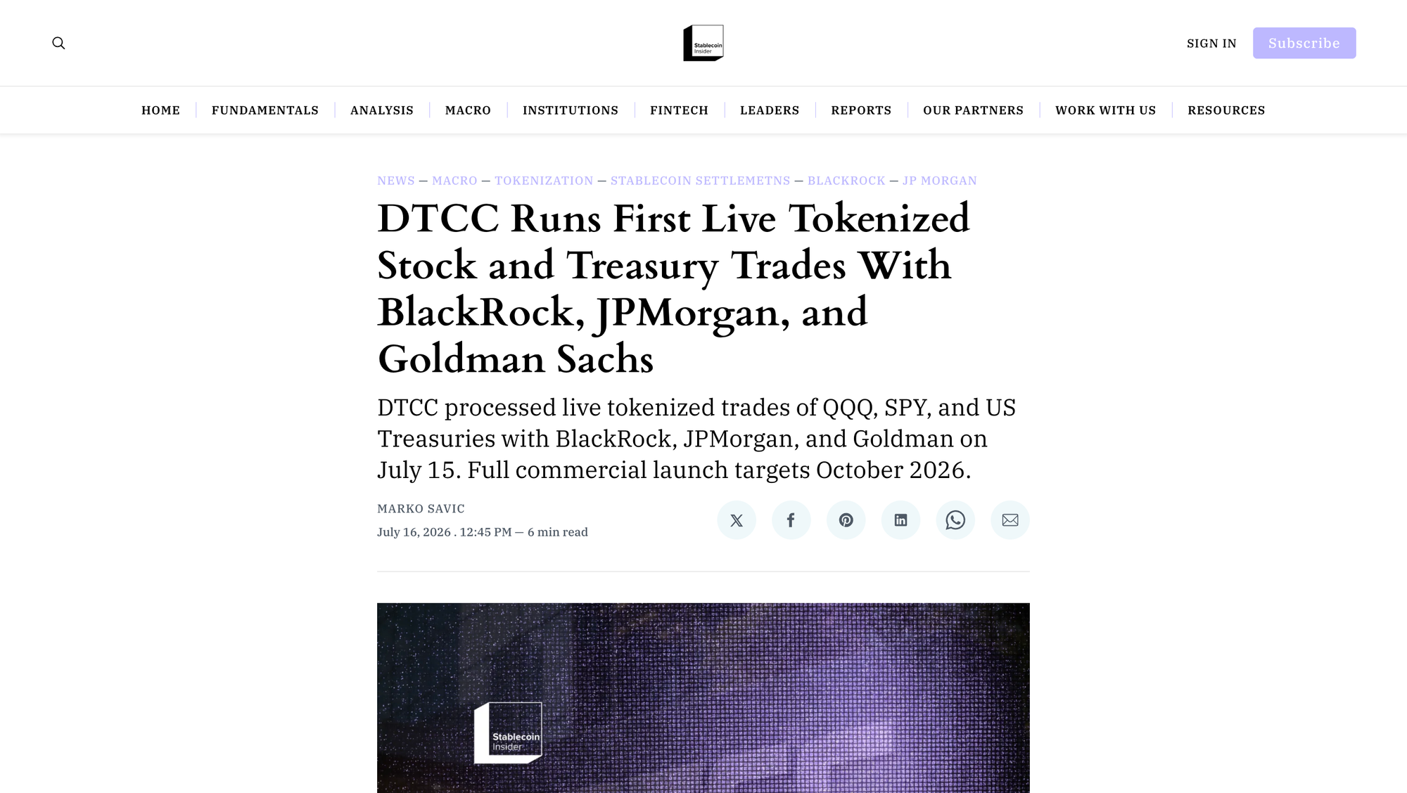 DTCC tokenized trades coverage