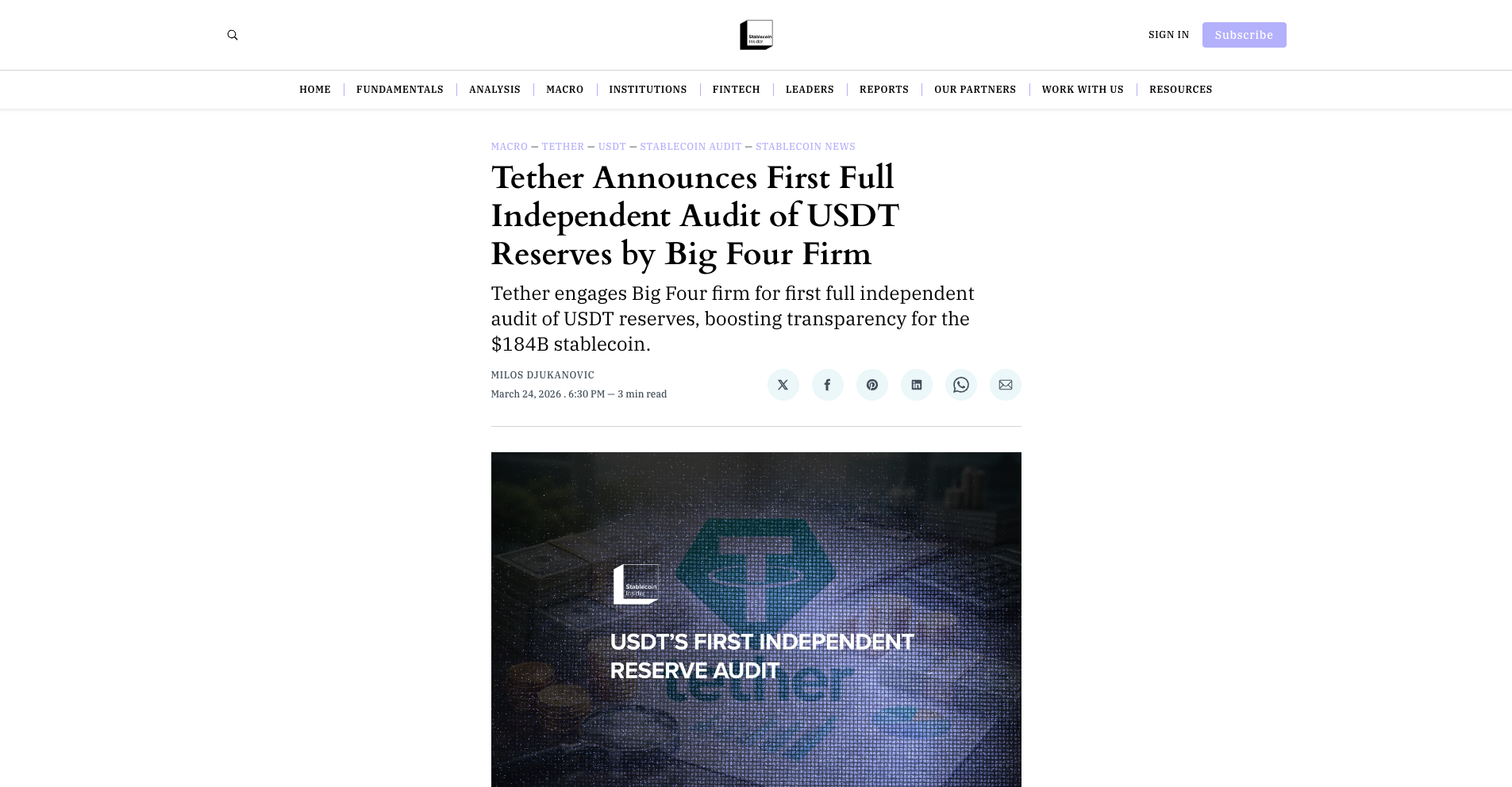 Tether Announces First Full Independent Audit of USDT Reserves by Big Four Firm