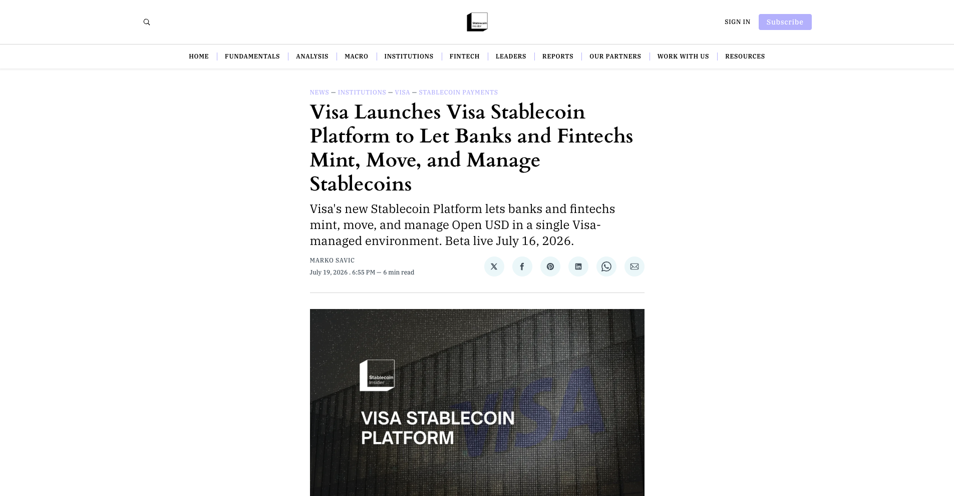 Visa Launches Visa Stablecoin Platform to Let Banks and Fintechs Mint, Move, and Manage Stablecoins