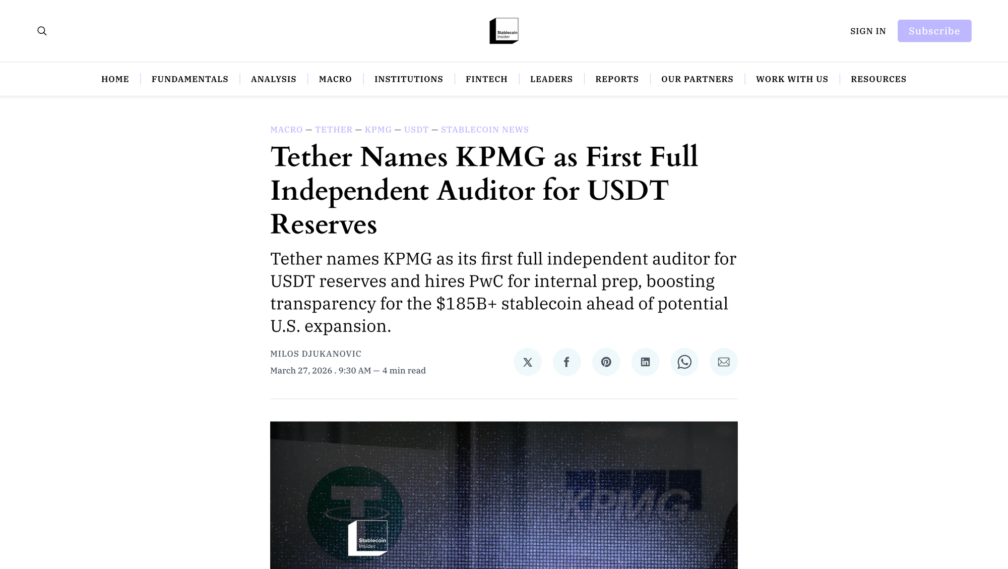 Tether Names KPMG as First Full Independent Auditor for USDT Reserves