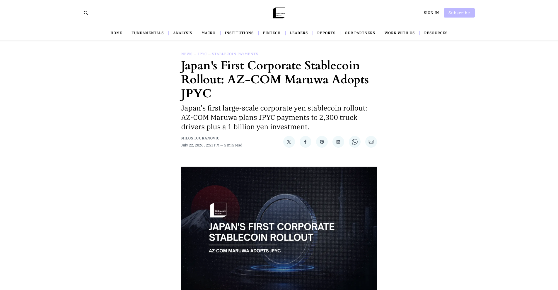 Japan's First Corporate Stablecoin Rollout: AZ-COM Maruwa Adopts JPYC