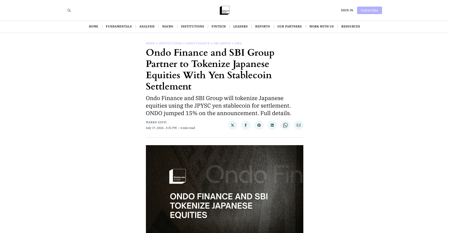 Ondo Finance and SBI Group Partner to Tokenize Japanese Equities With Yen Stablecoin Settlement