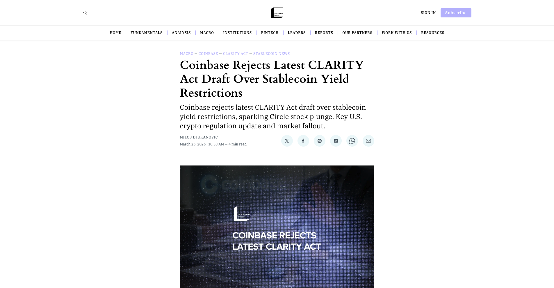 Coinbase Rejects Latest CLARITY Act Draft Over Stablecoin Yield Restrictions