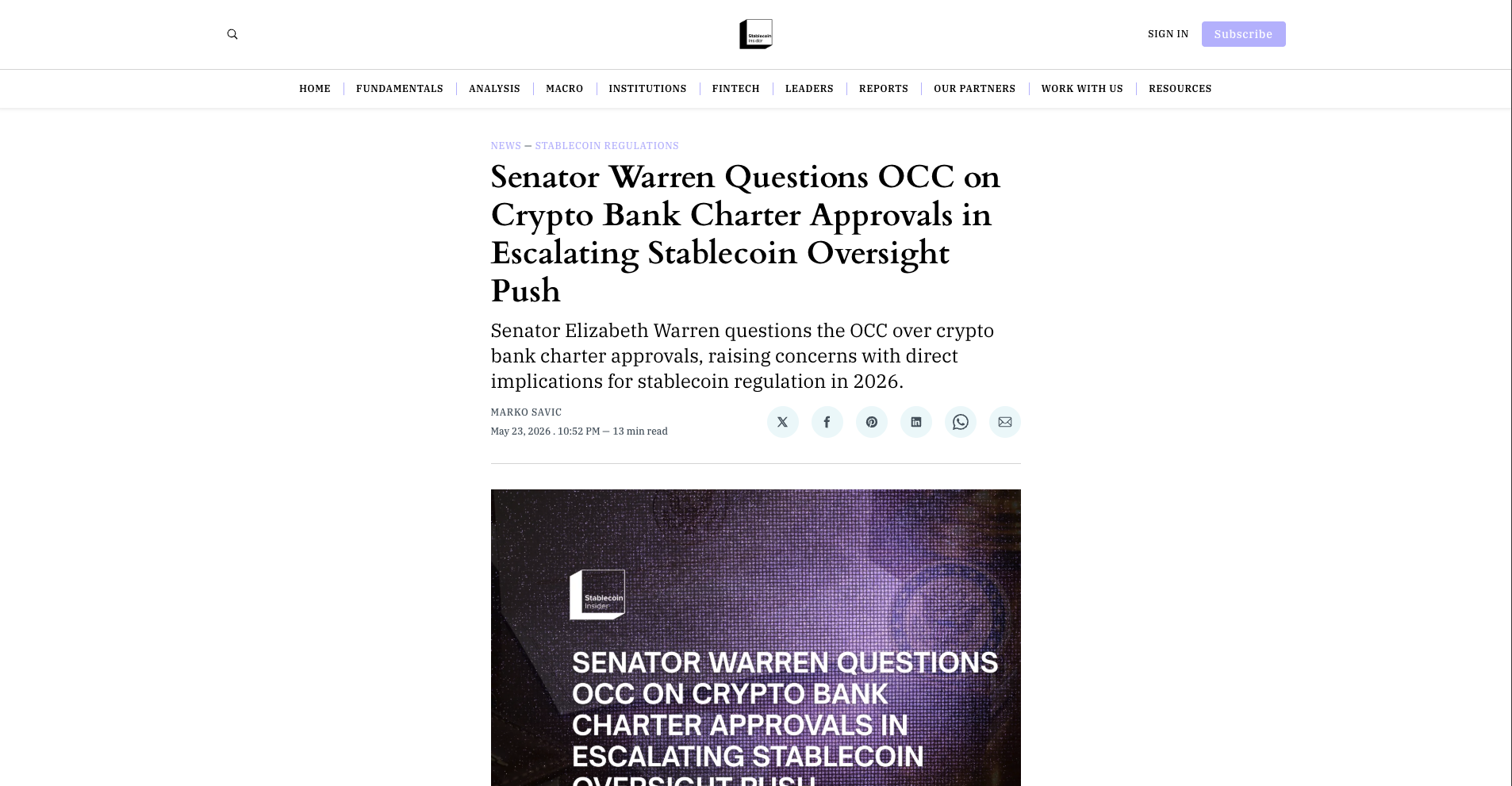 Senator Warren Questions OCC on Crypto Bank Charter Approvals in Escalating Stablecoin Oversight Push