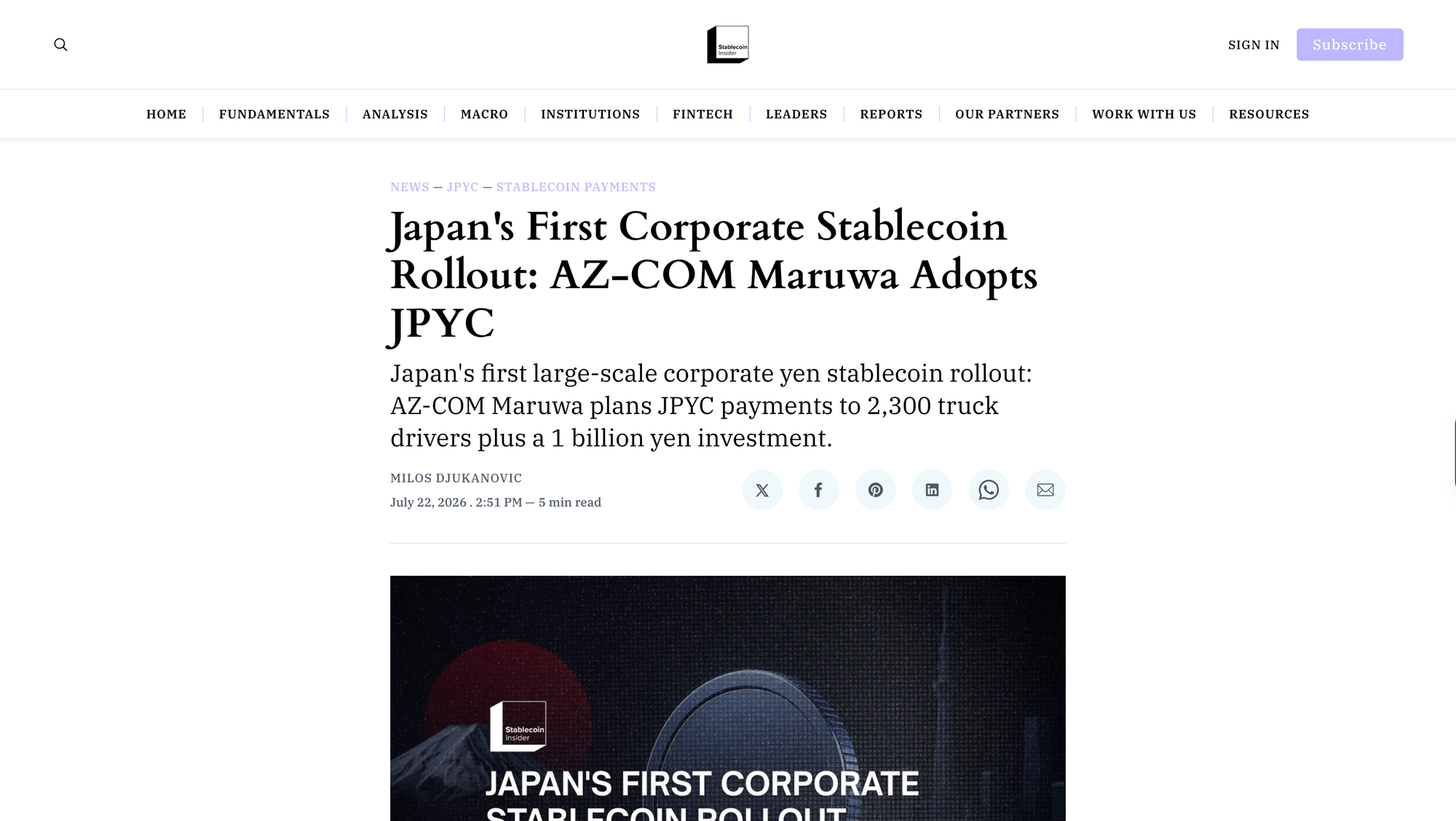 Japan's First Corporate Stablecoin Rollout: AZ-COM Maruwa Adopts JPYC