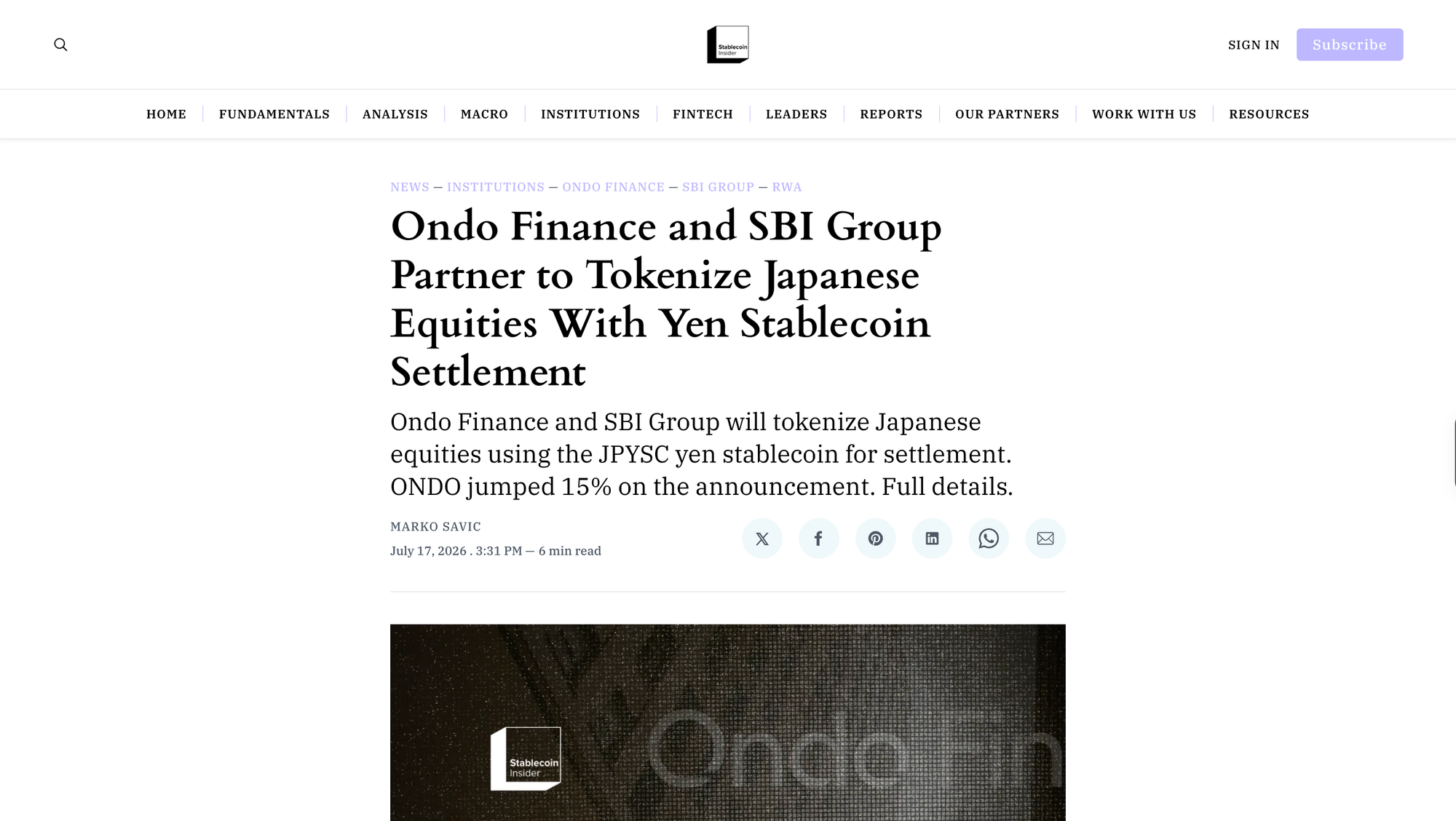 Ondo Finance and SBI Group Partner to Tokenize Japanese Equities With Yen Stablecoin Settlement
