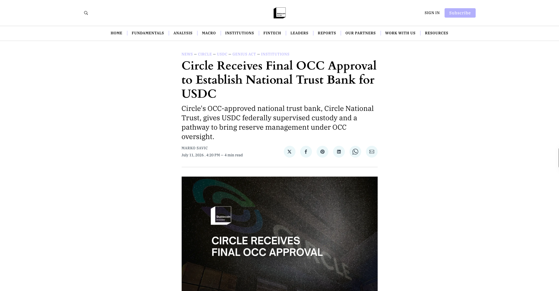 Circle Receives Final OCC Approval to Establish National Trust Bank for USDC