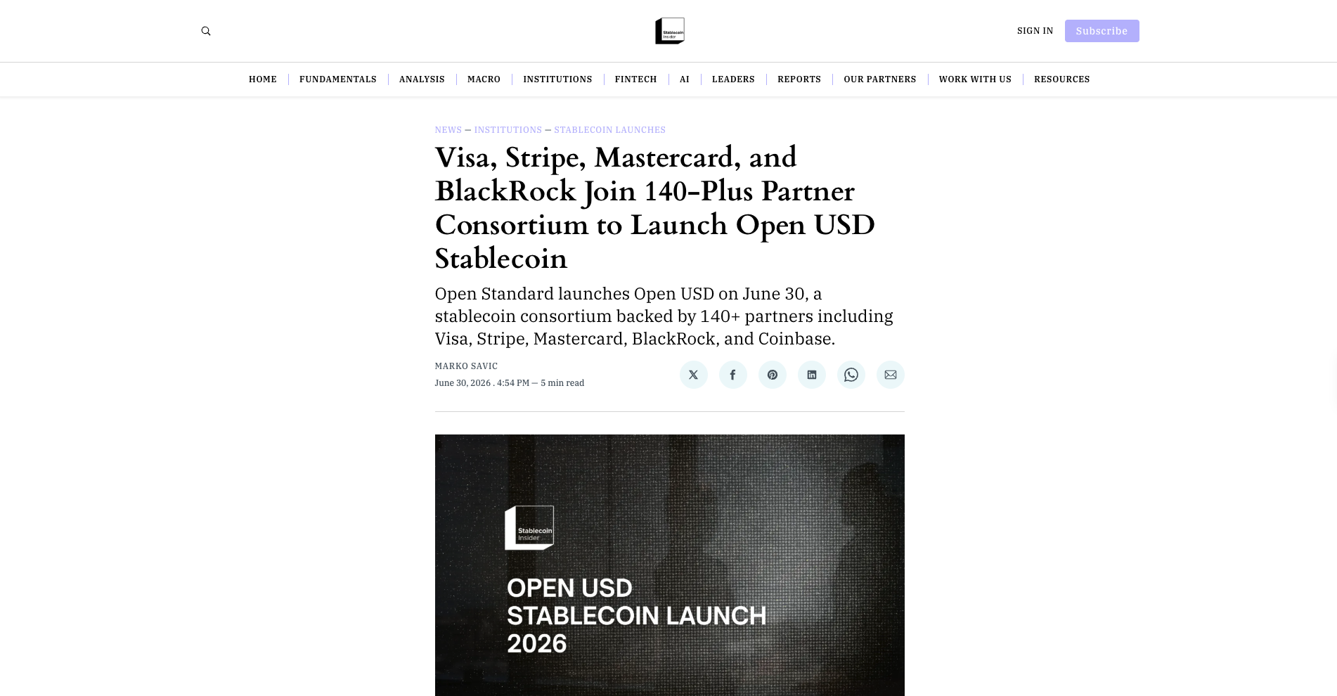 Visa, Stripe, Mastercard, and BlackRock Join 140-Plus Partner Consortium to Launch Open USD Stablecoin