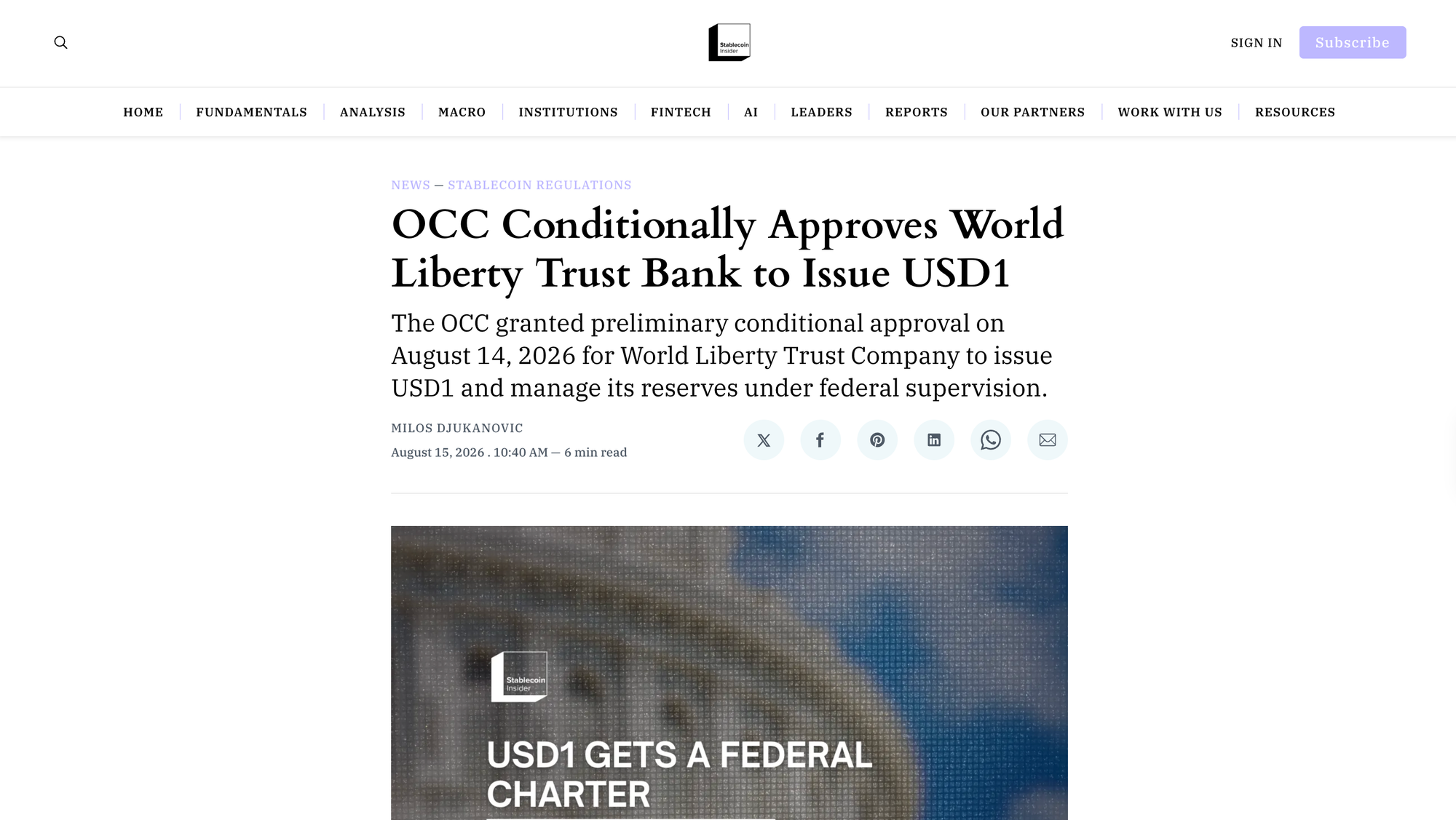 OCC Conditionally Approves World Liberty Trust Bank to Issue USD1