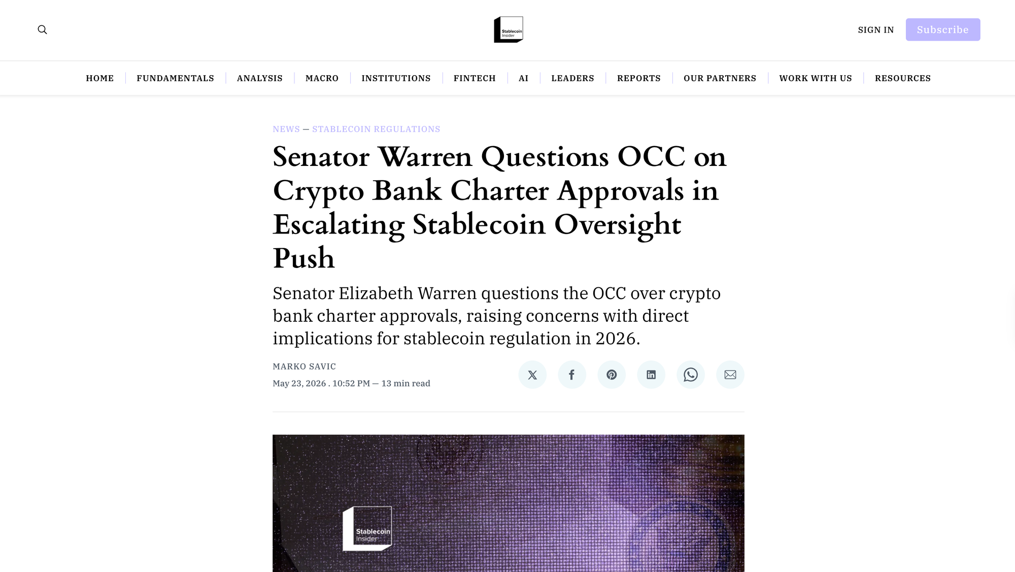 Senator Warren Questions OCC on Crypto Bank Charter Approvals in Escalating Stablecoin Oversight Push