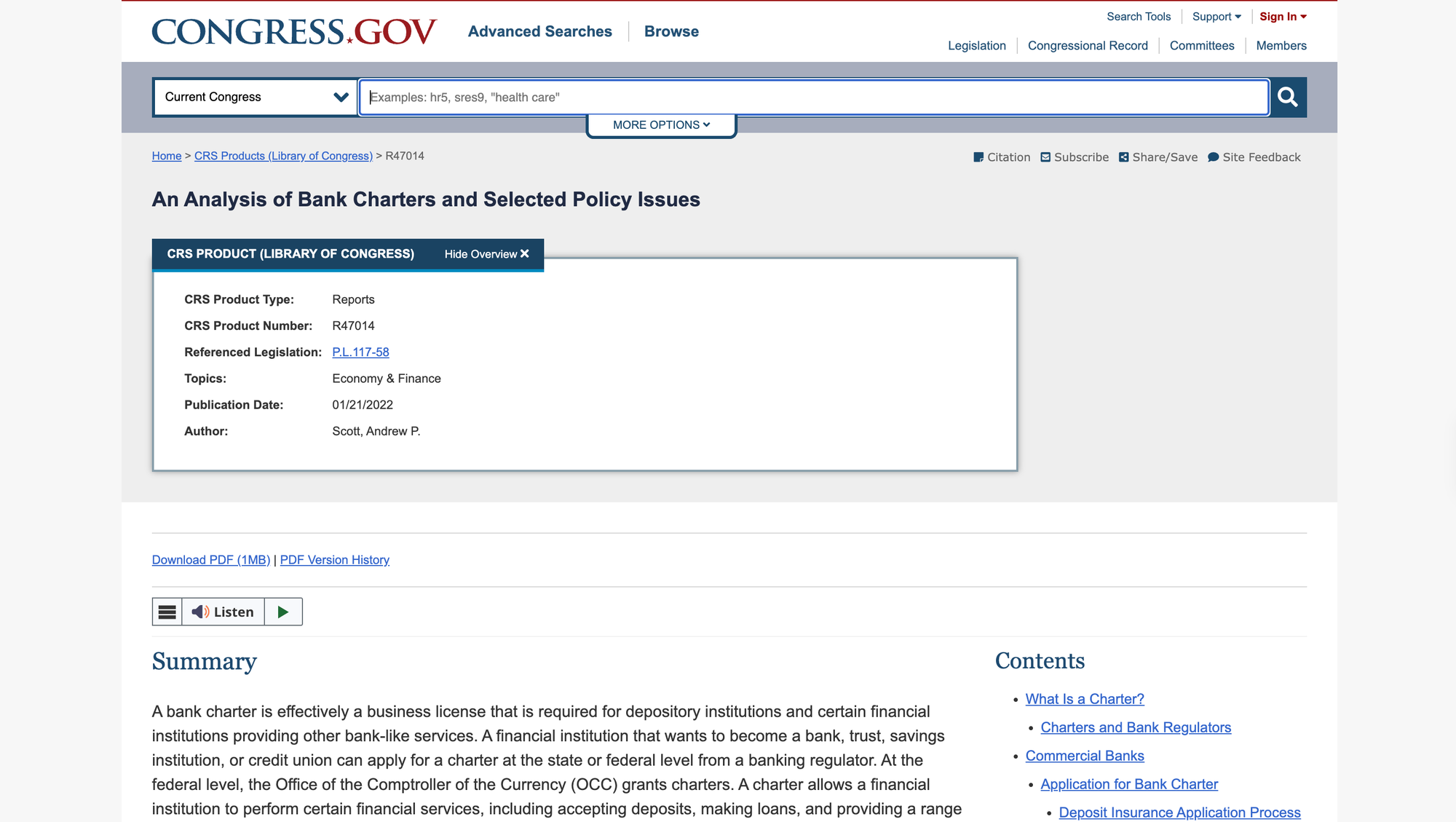 An Analysis of Bank Charters and Selected Policy Issues