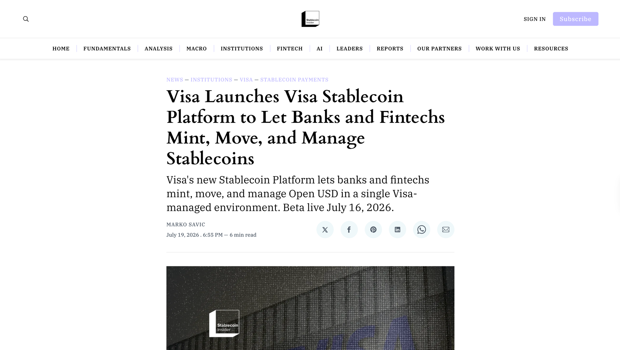 Visa Launches Visa Stablecoin Platform to Let Banks and Fintechs Mint, Move, and Manage Stablecoins