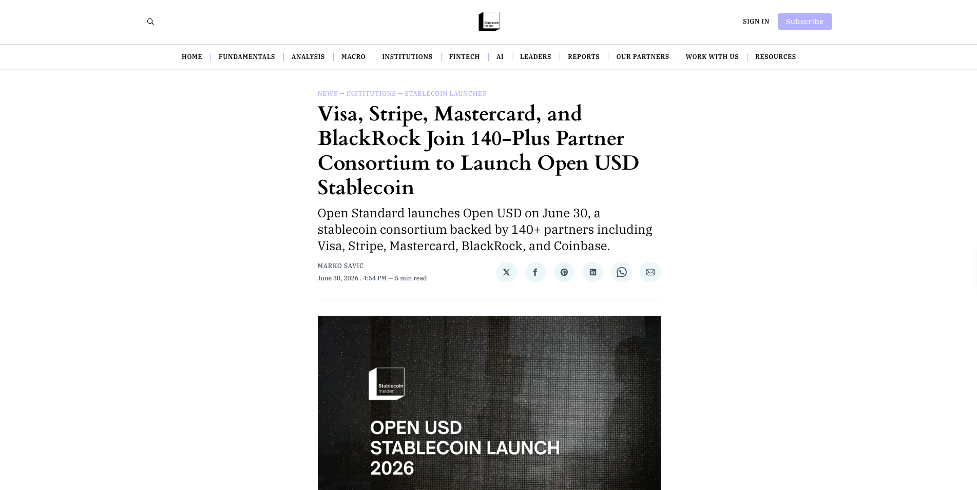 Visa, Stripe, Mastercard, and BlackRock Join 140-Plus Partner Consortium to Launch Open USD Stablecoin