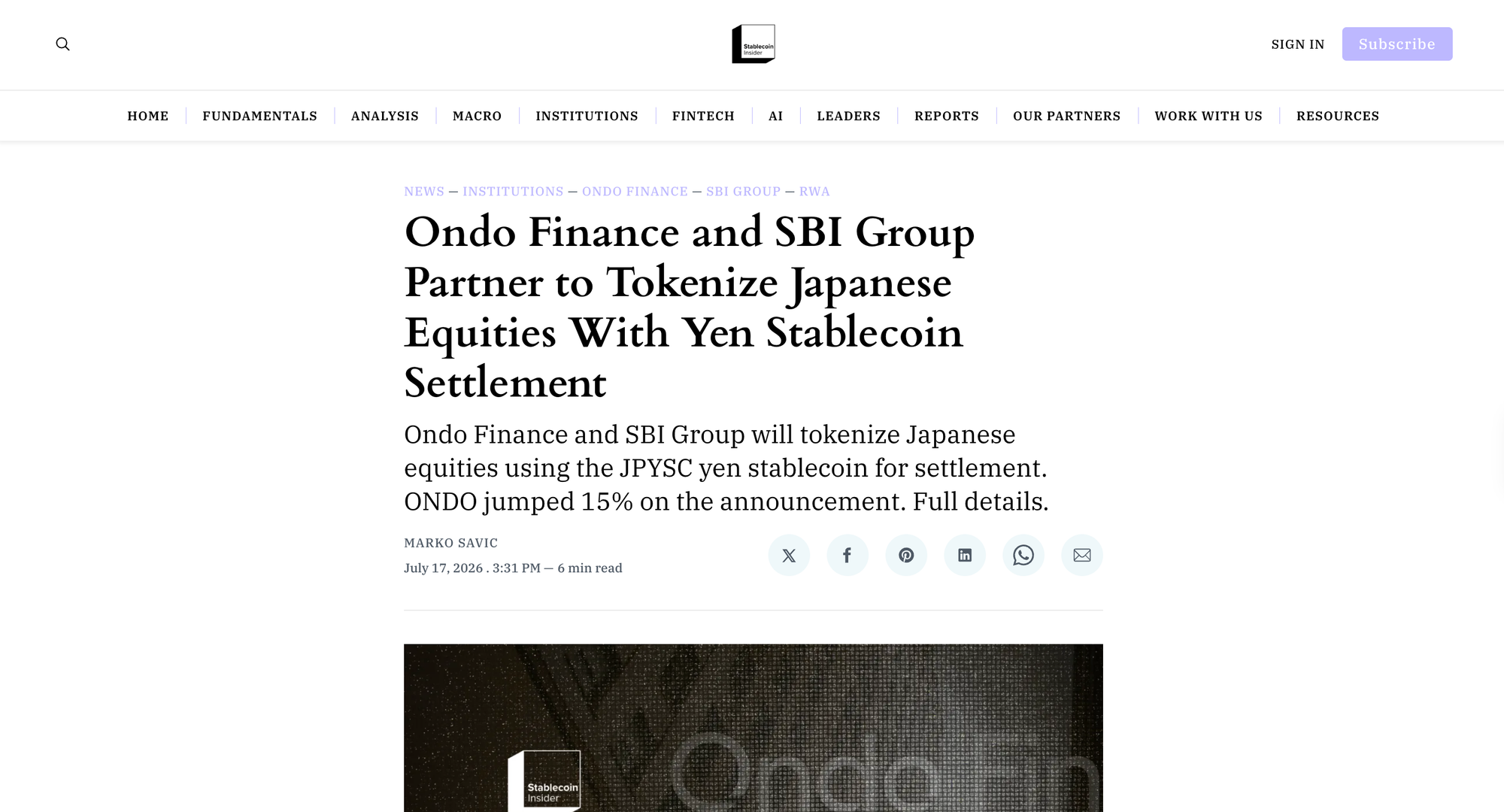 Ondo Finance and SBI Group Partner to Tokenize Japanese Equities With Yen Stablecoin Settlement