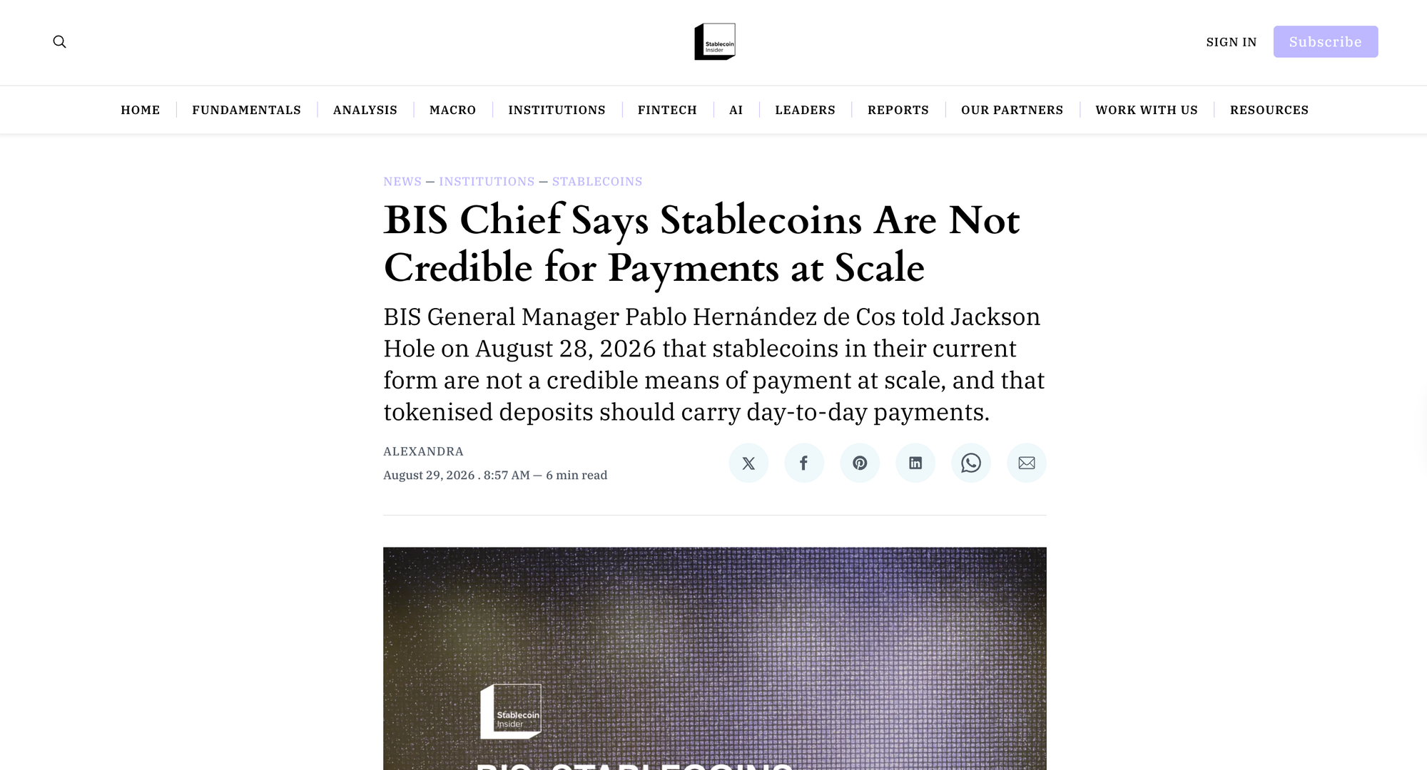BIS Chief Says Stablecoins Are Not Credible for Payments at Scale