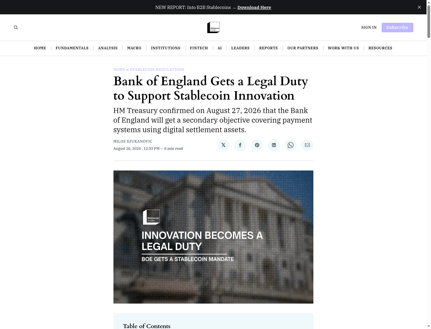 Bank of England Gets a Legal Duty to Support Stablecoin Innovation