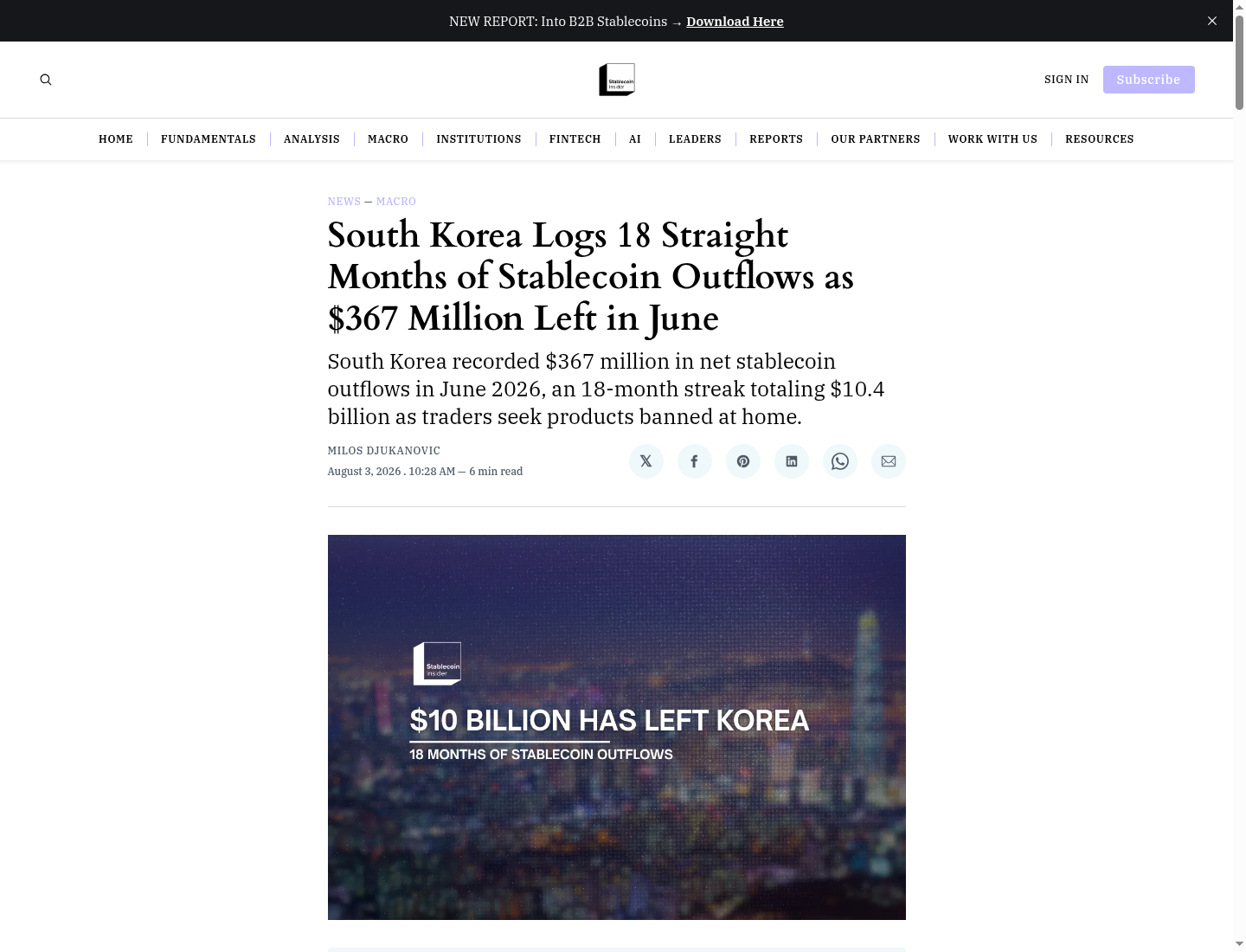 South Korea Logs 18 Straight Months of Stablecoin Outflows as $367 Million Left in June