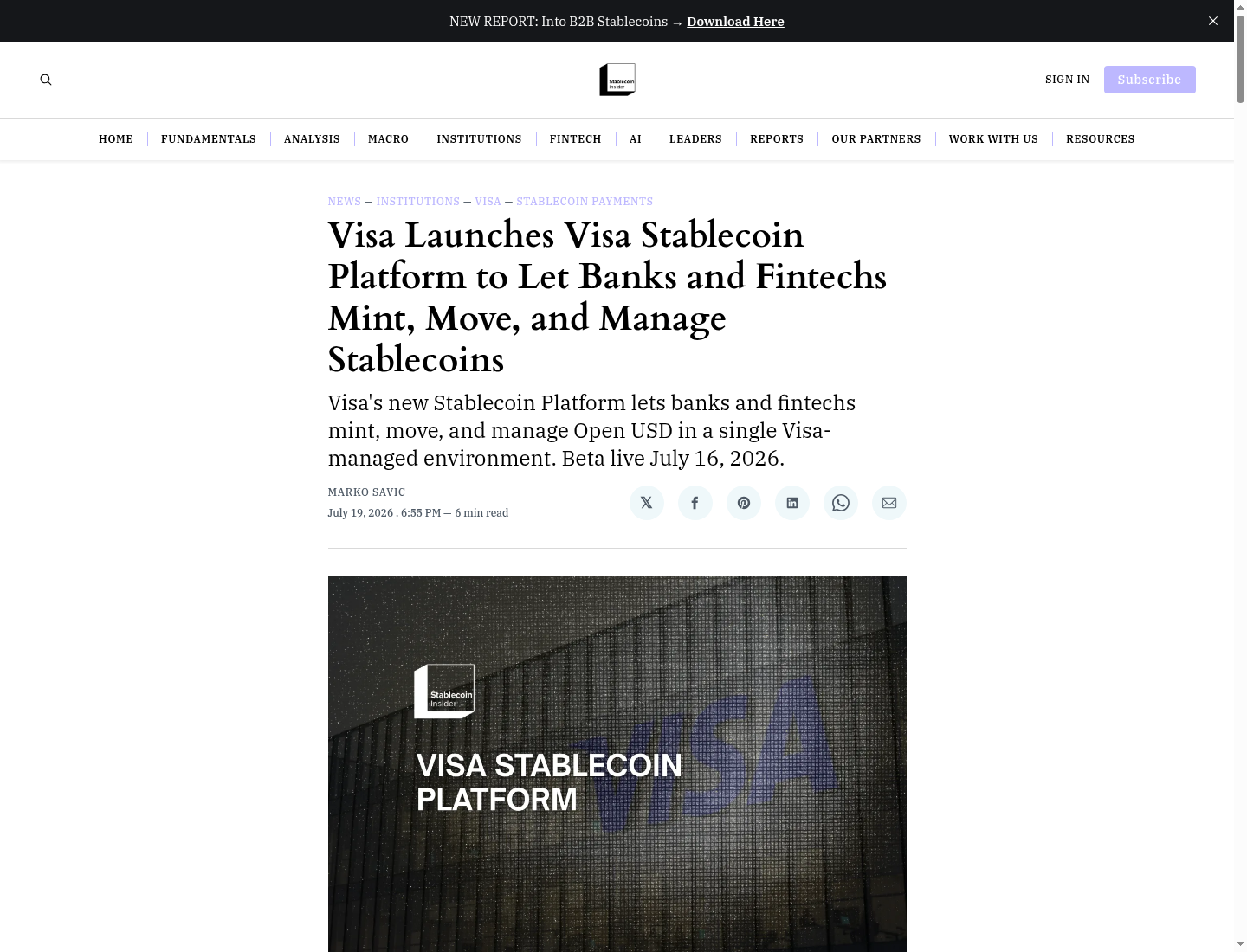 Visa Launches Visa Stablecoin Platform to Let Banks and Fintechs Mint, Move, and Manage Stablecoins