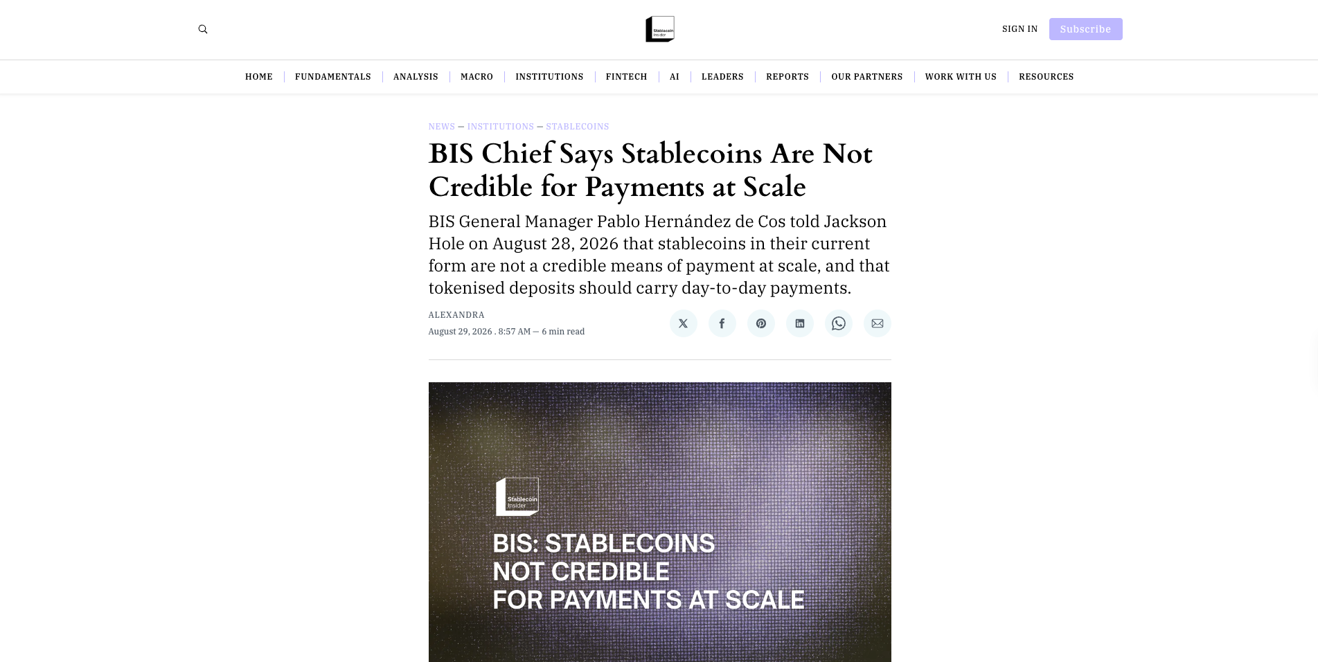 BIS Chief Says Stablecoins Are Not Credible for Payments at Scale