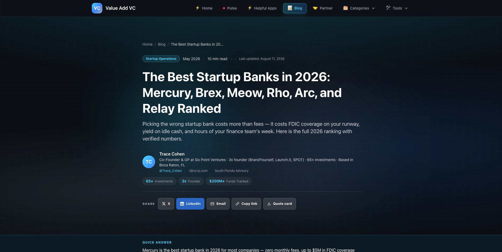 The Best Startup Banks in 2026: Mercury, Brex, Meow, Rho, Arc, and Relay Ranked