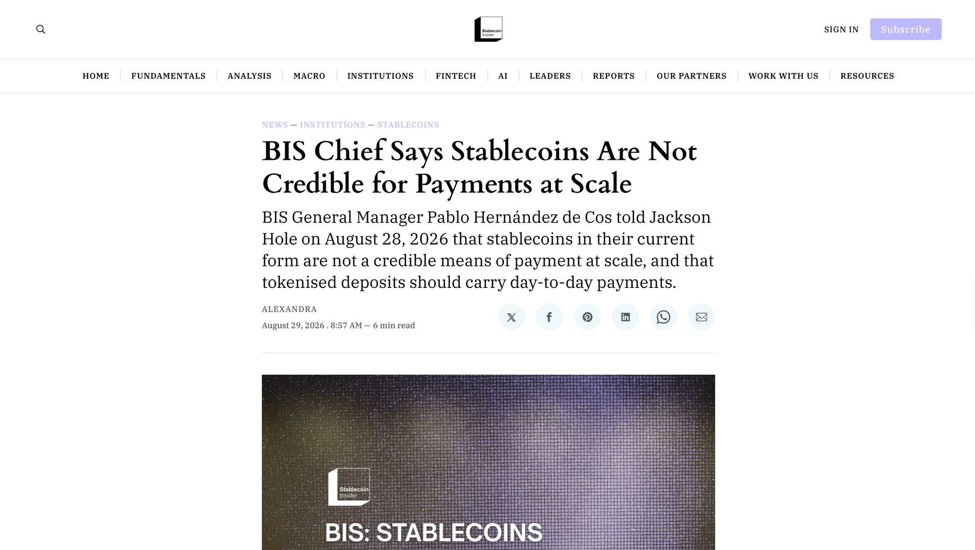 BIS Chief Says Stablecoins Are Not Credible for Payments at Scale