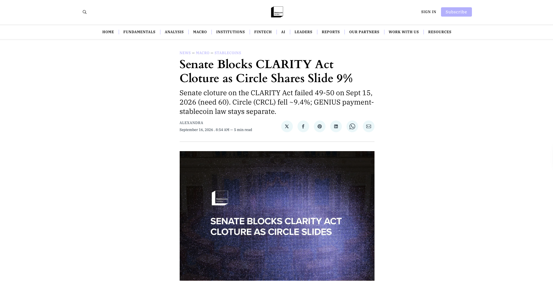 Senate Blocks CLARITY Act Cloture as Circle Shares Slide 9%