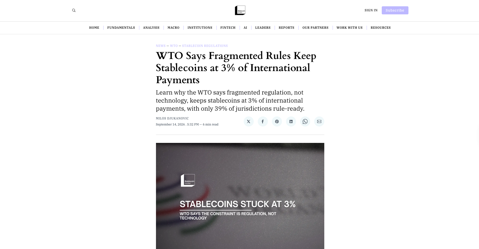 WTO Says Fragmented Rules Keep Stablecoins at 3% of International Payments