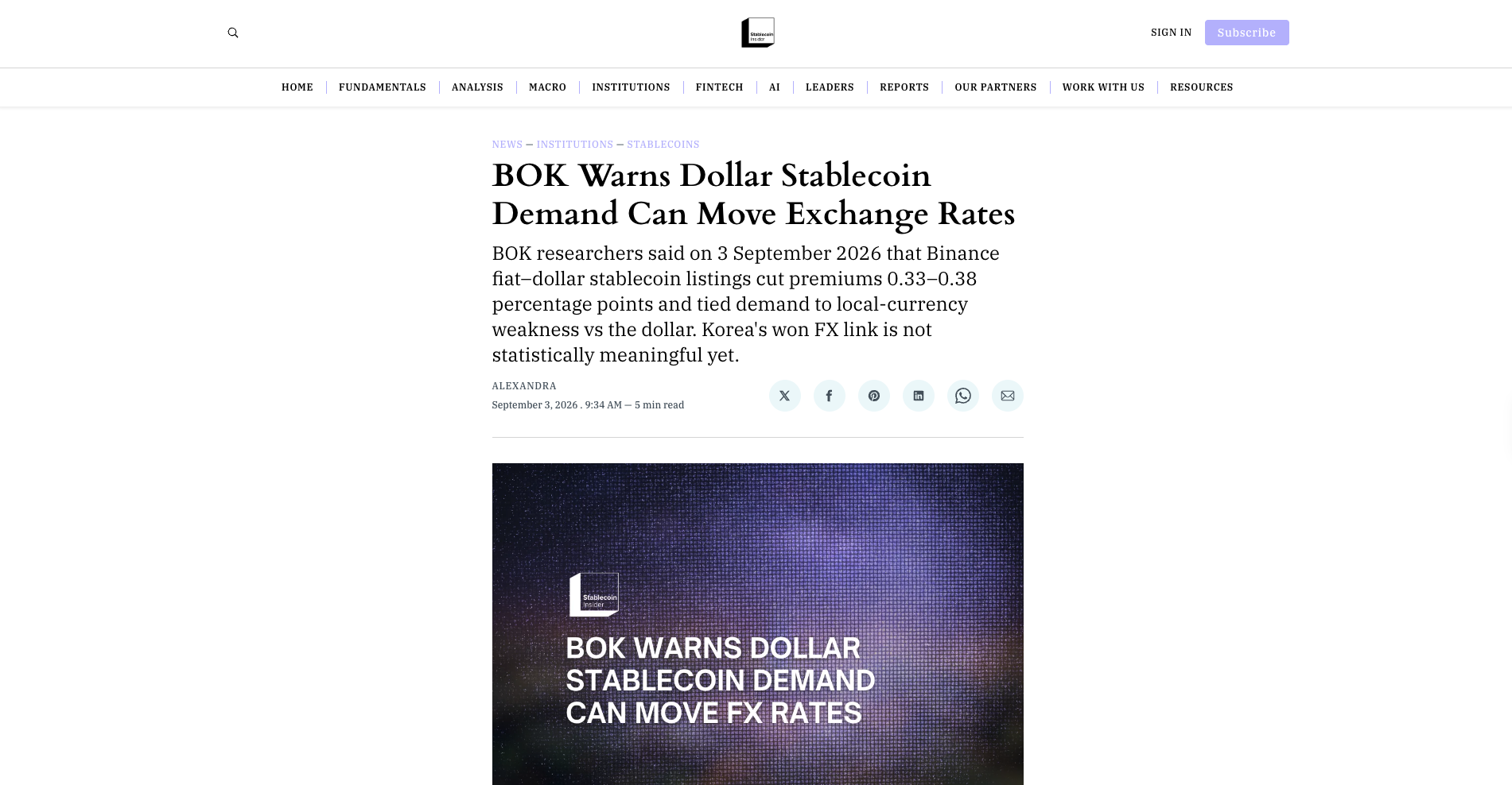 BOK Warns Dollar Stablecoin Demand Can Move Exchange Rates