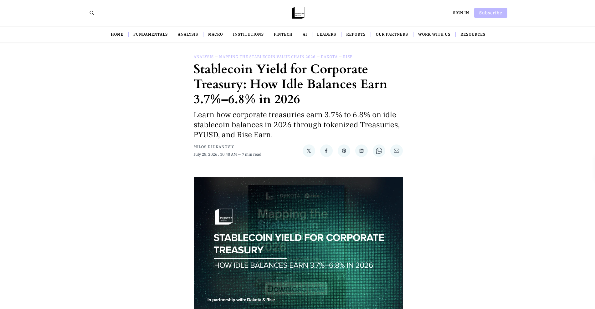 Stablecoin Yield for Corporate Treasury: How Idle Balances Earn 3.7%–6.8% in 2026