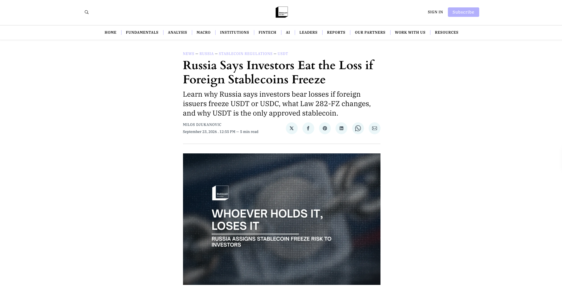 Russia Says Investors Eat the Loss if Foreign Stablecoins Freeze