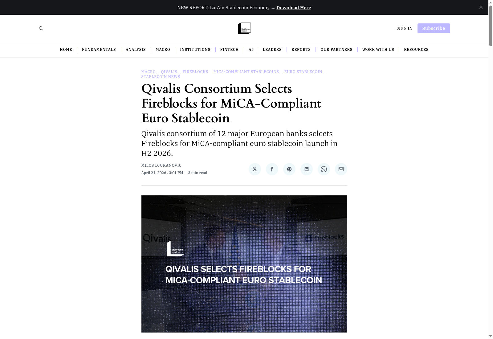 Qivalis Consortium Selects Fireblocks for MiCA-Compliant Euro Stablecoin