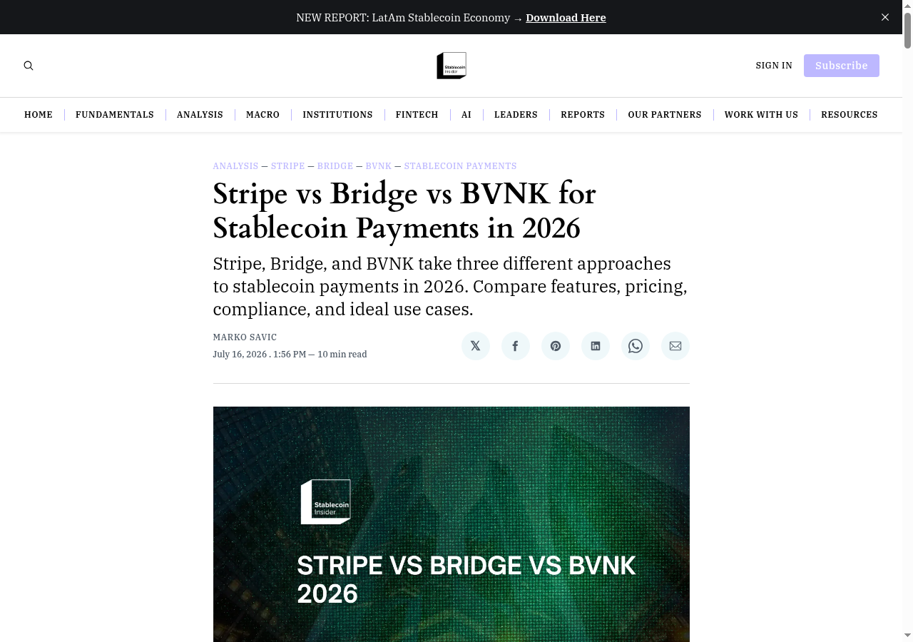 Stripe vs Bridge vs BVNK for stablecoin payments in 2026