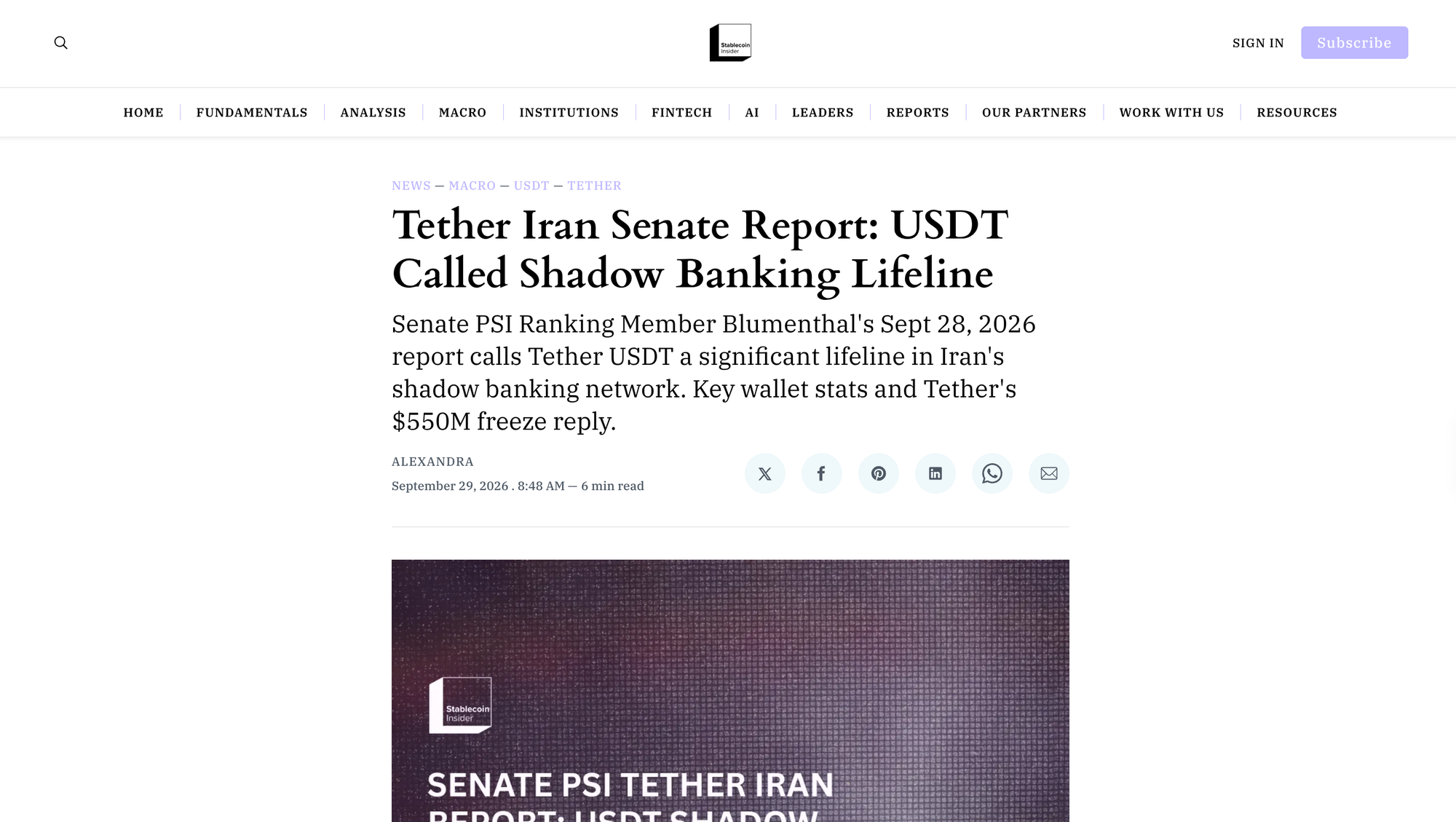 Tether Iran Senate Report: USDT Called Shadow Banking Lifeline
