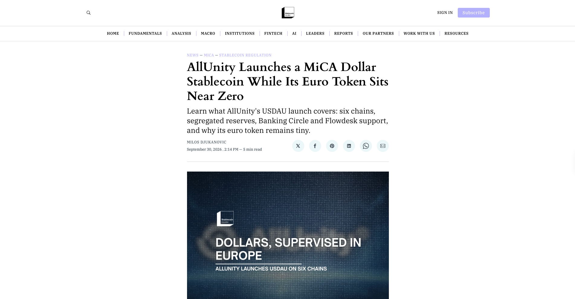 AllUnity Launches a MiCA Dollar Stablecoin While Its Euro Token Sits Near Zero