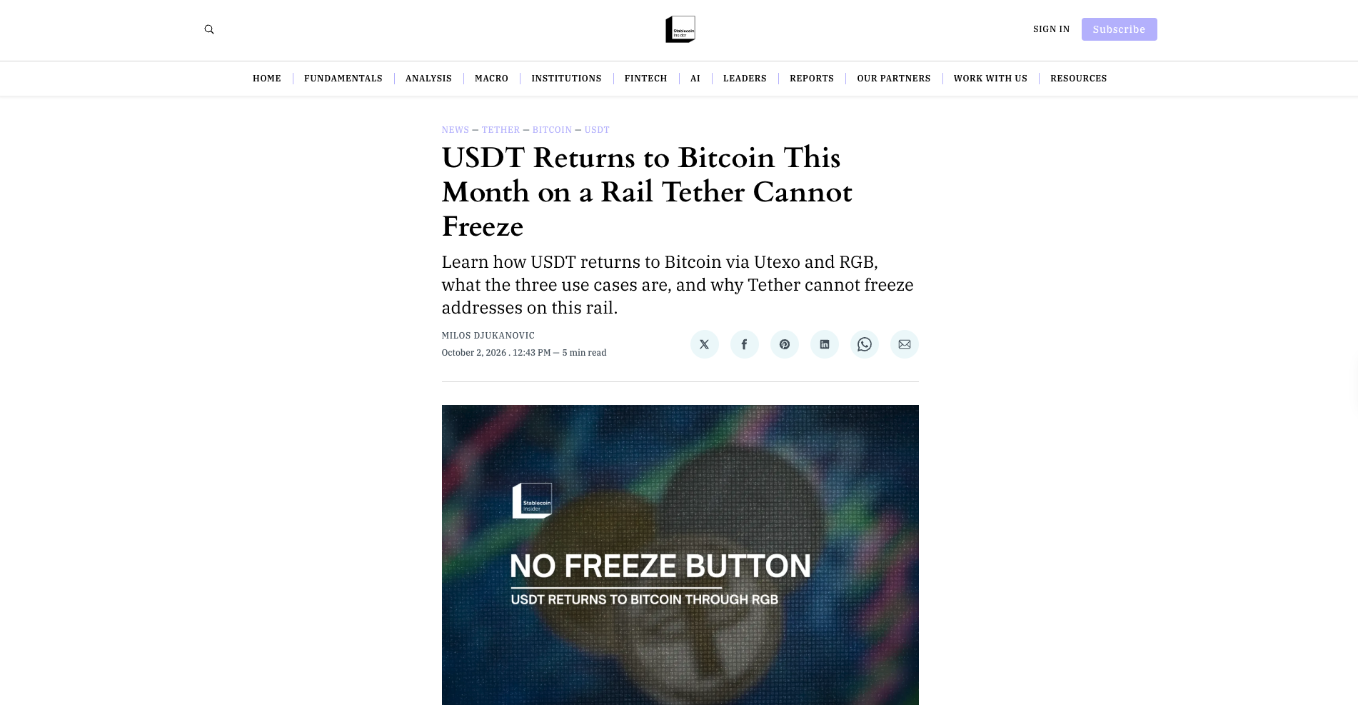 USDT Returns to Bitcoin This Month on a Rail Tether Cannot Freeze