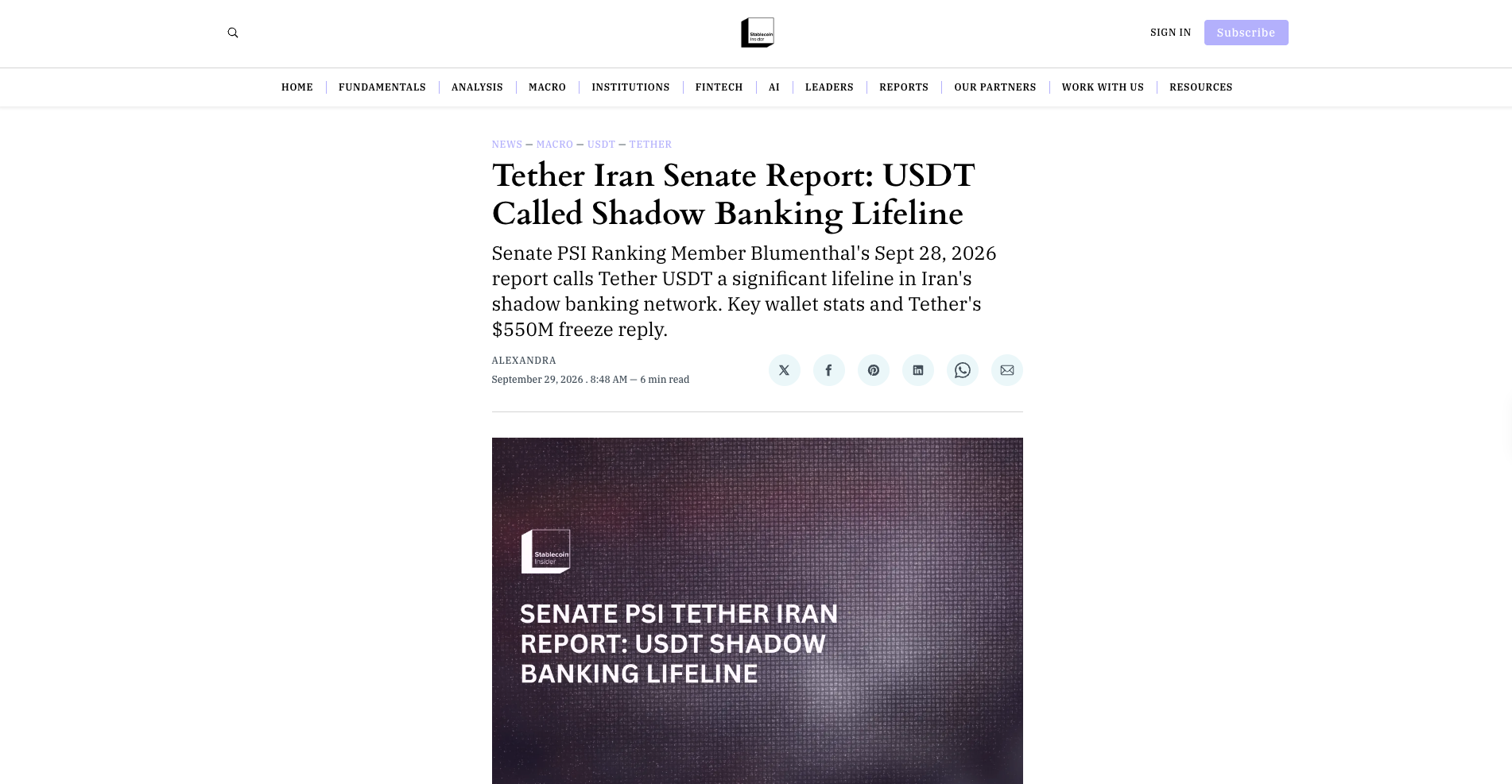 Tether Iran Senate Report: USDT Called Shadow Banking Lifeline