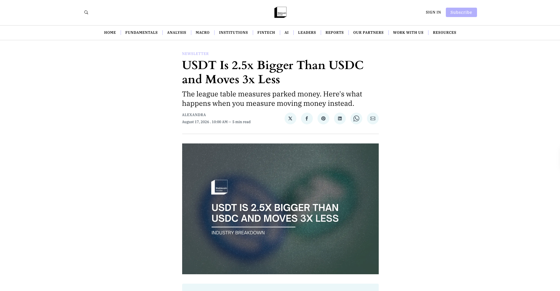 USDT Is 2.5x Bigger Than USDC and Moves 3x Less
