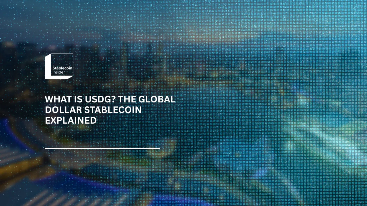 Blurred Singapore skyline at dusk behind the title What Is USDG? The Global Dollar Stablecoin Explained