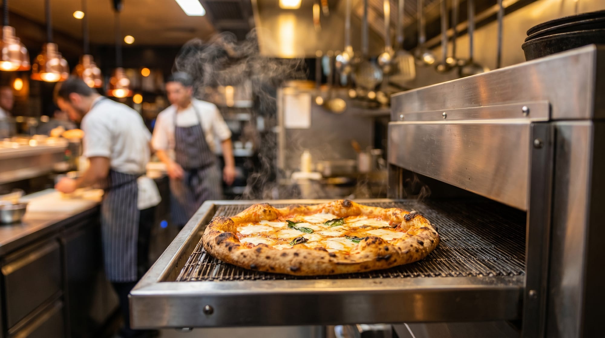 자동화 오븐에서 나오는 완벽하게 구워진 황금빛 피자, 김이 올라오는 모습