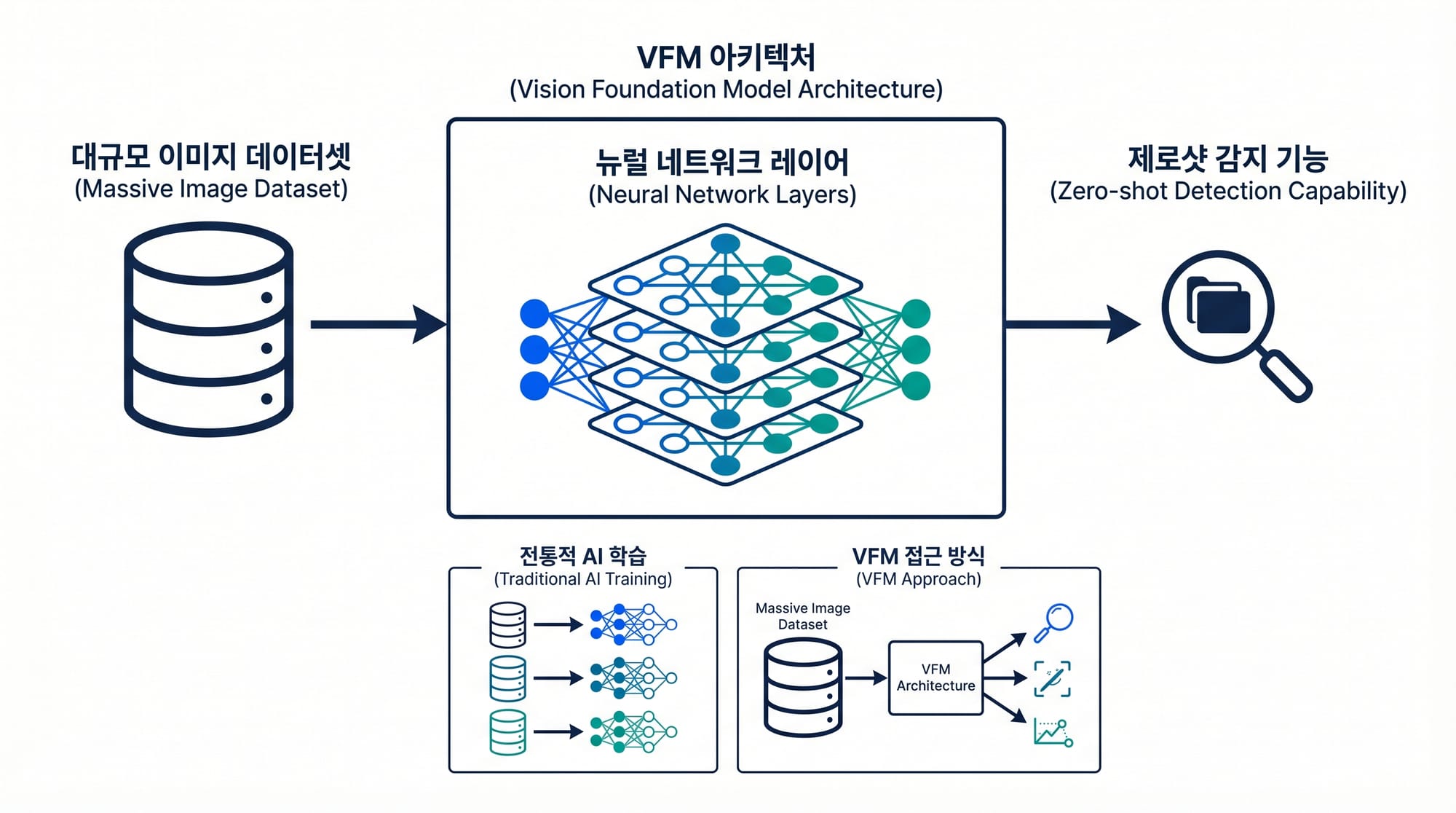 VFM(Vision Foundation Model)의 구조와 제로샷 탐지 능력을 보여주는 기술 아키텍처 다이어그램