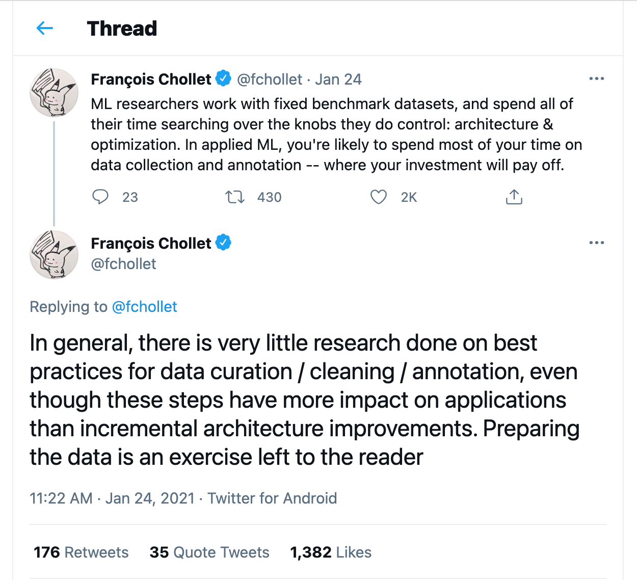 The above sentiment is conveyed by Francois Chollet - the creator of Keras (Source: https://twitter.com/fchollet/status/1353422914071142400)