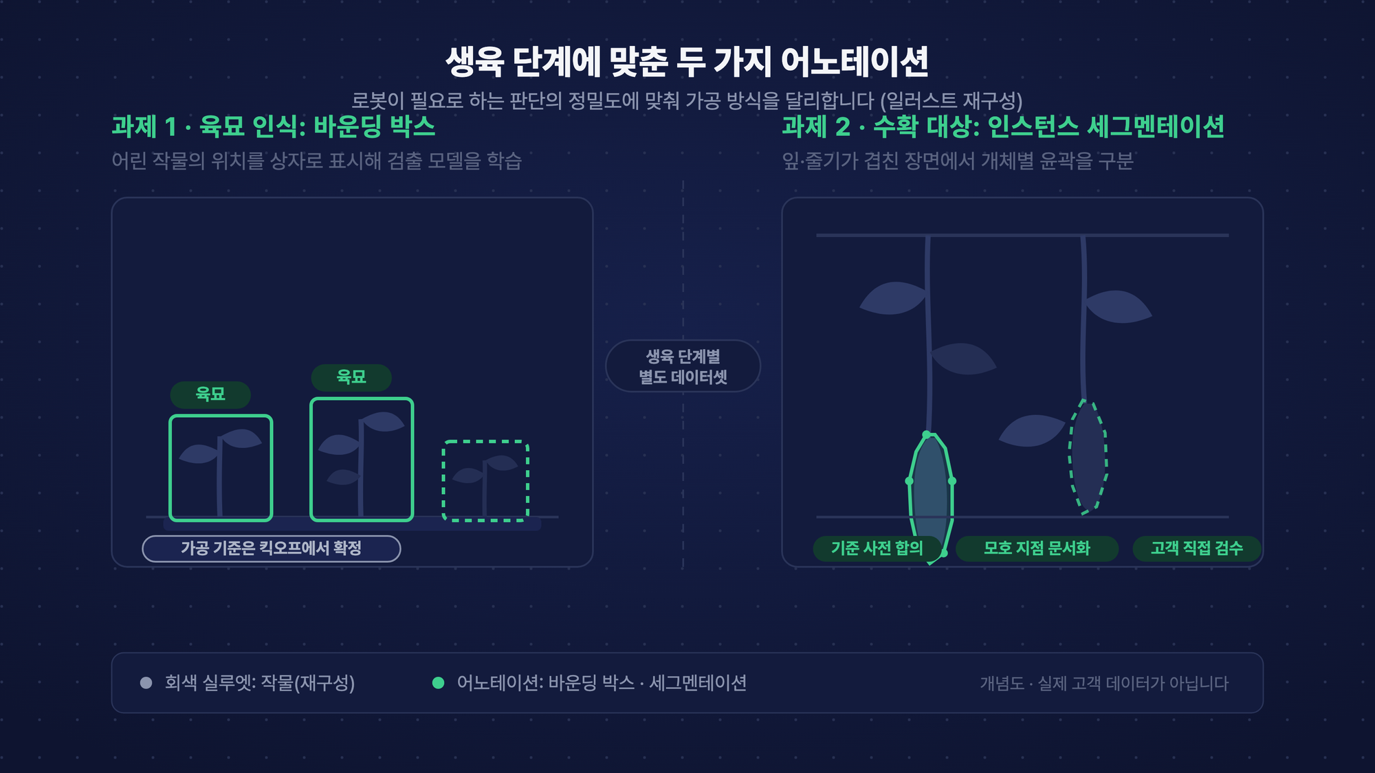생육 단계에 맞춘 두 가지 어노테이션: 육묘 인식은 바운딩 박스, 수확 대상 인식은 인스턴스 세그멘테이션